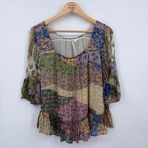 Anthropologie Floreat Patchwork Peasant Top, Sz Small, Bell Sleeves Beaded Trim